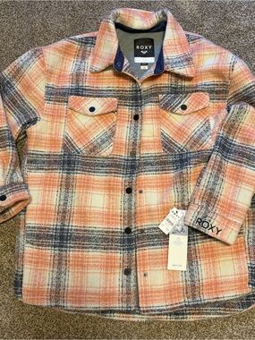 NWT WOMENS Roxy Pink & Navy Plaid Shacket Jacket, Size L